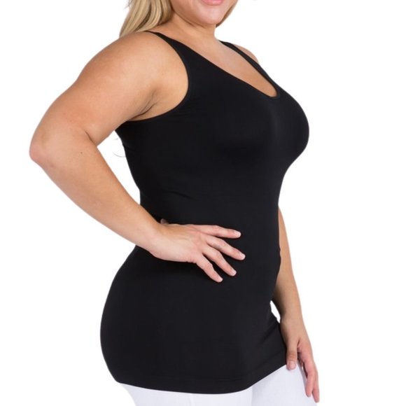 YELETE Plus 1 Size Black Seamless Tank Top. Long Version. Reversible U or V Neck - Picture 3 of 5